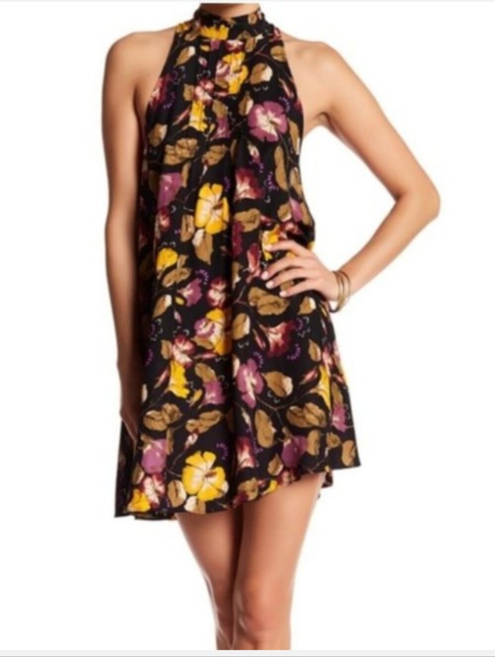 Free People Intimately Beaux Mock Neck Slip Mini Dress Black Purple Floral Large